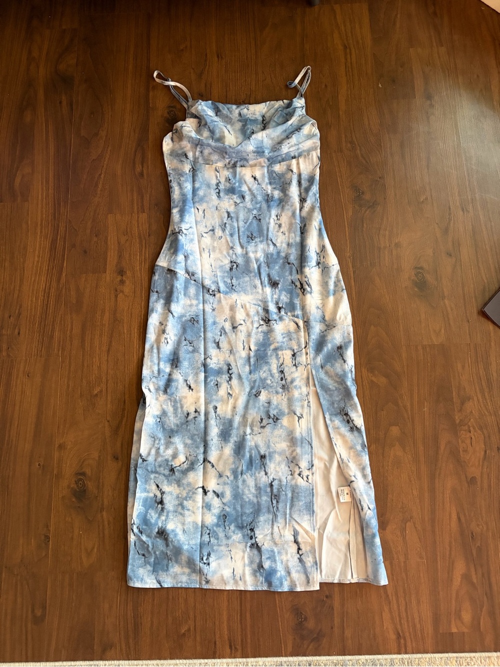 Blue Marble Print Slip Dress with Cowl Neck